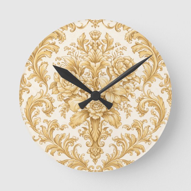 Gold Damask Floral Round Clock (Front)