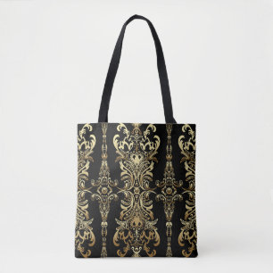 Gold damask floral seamless pattern with arabesque tote bag