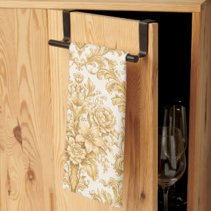 Gold Damask Floral Tea Towel