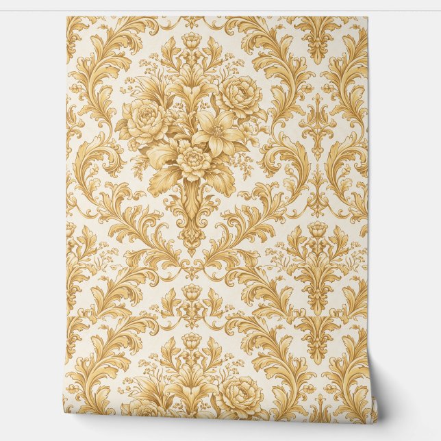 Gold Damask Floral Wallpaper (Unrolling)
