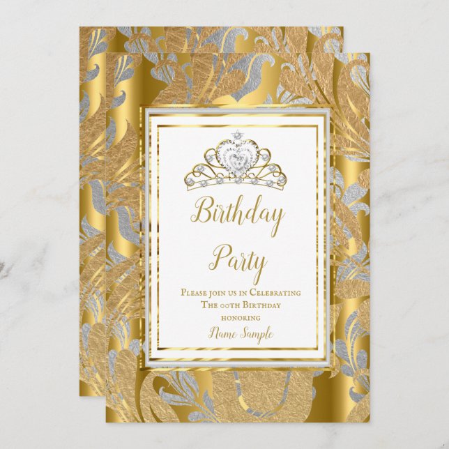 Gold Damask Grey Tiara Birthday Party Invitation (Front/Back)