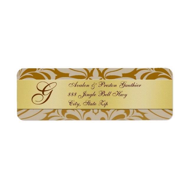 Gold Damask  Monogram Christmas Address Labels (Front)