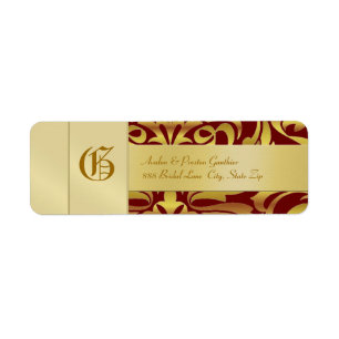 Gold Damask Monogram Red Wedding Address Label