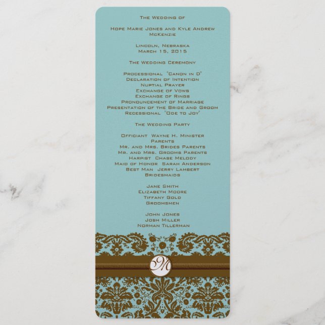 Gold Damask Monogram Wedding Program Programme (Front)