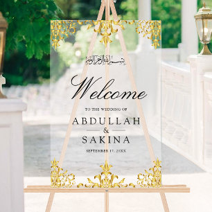 Gold Damask Muslim Wedding Welcome Frosted Acrylic Sign