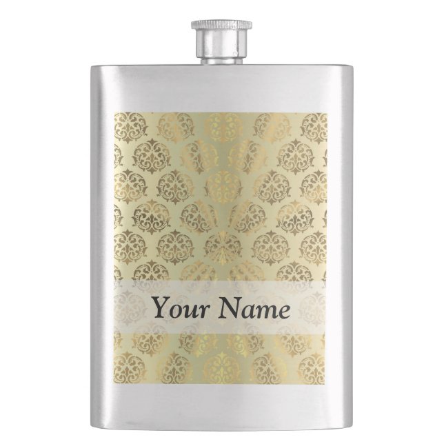Gold damask pattern hip flask (Front)