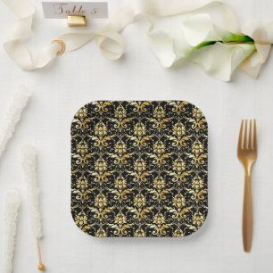 Gold Damask Pattern on Black Background Paper Plate