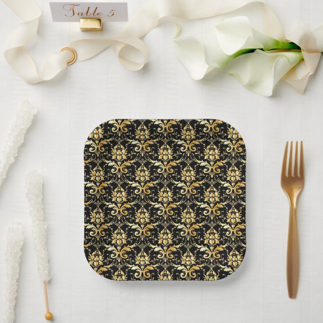 Gold Damask Pattern on Black Background Paper Plate (Wedding)