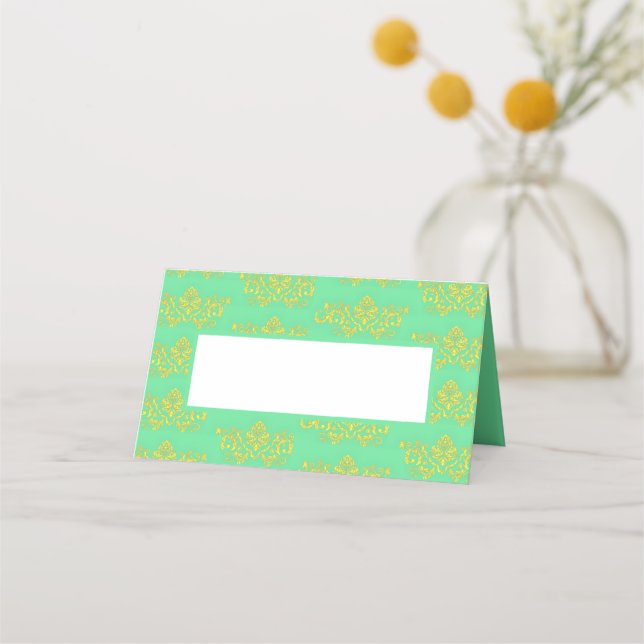 Gold damask pattern on green place card (Front)