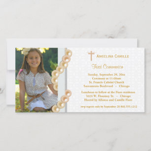 Gold Damask Pearls First Communion Photo Invite