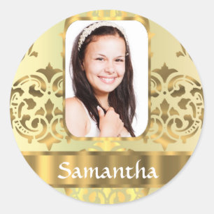 Gold damask photo border classic round sticker