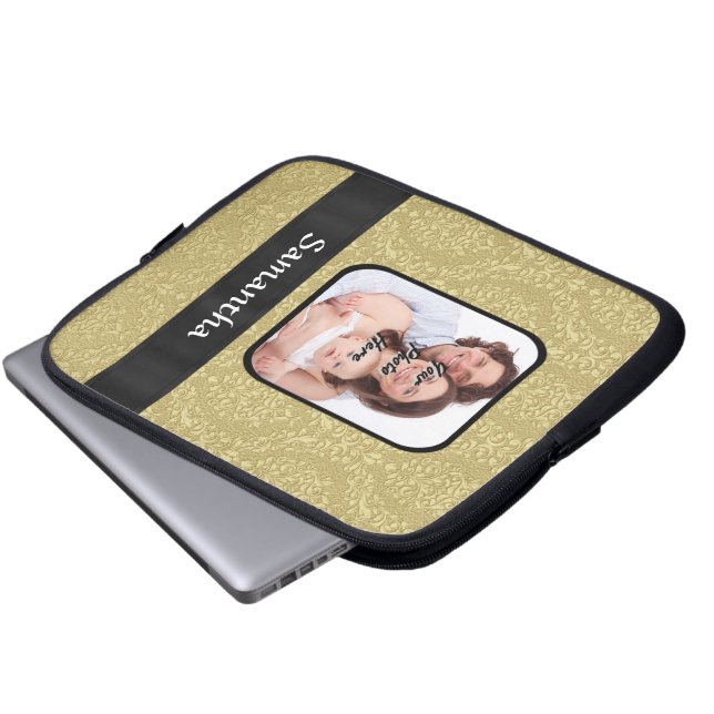 Gold damask photo template laptop sleeve (Front Bottom)