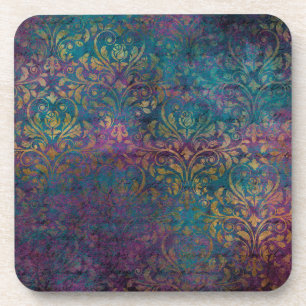 Gold Damask Purple Pink Teal Coaster