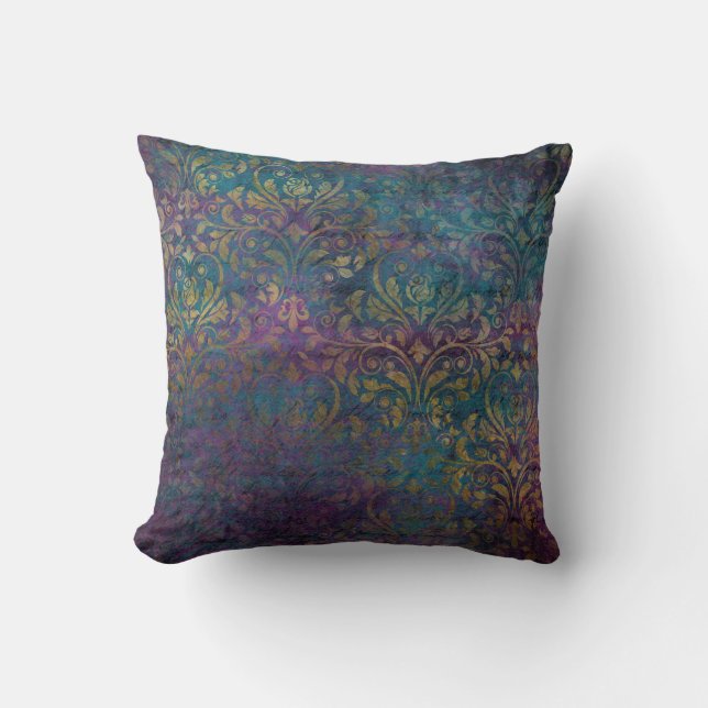 Gold Damask Purple Pink Teal Cushion (Front)