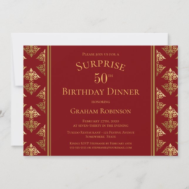 Gold Damask Red Surprise 50th Birthday Dinner Invitation (Front)