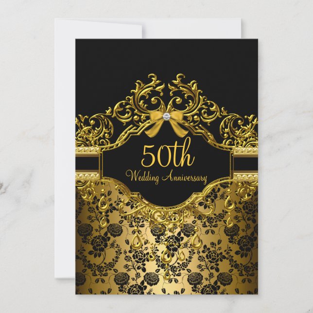 Gold Damask & Rose 50th Anniversary Invite (Front)