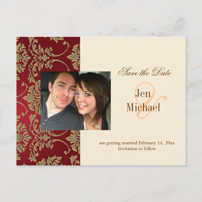 Gold damask, Save the Date Photo postcards, Announcement Postcard (Front)