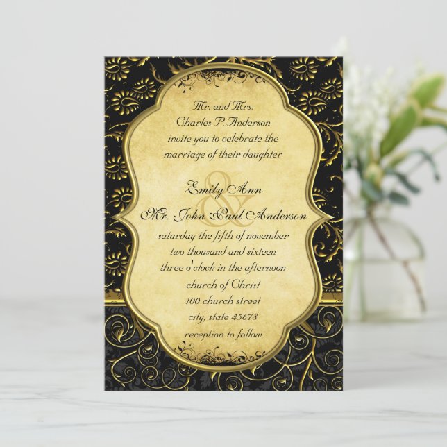 Gold Damask Swirls Wedding Invitation (Standing Front)