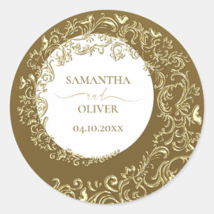 Gold Damask Wedding Classic Round Sticker