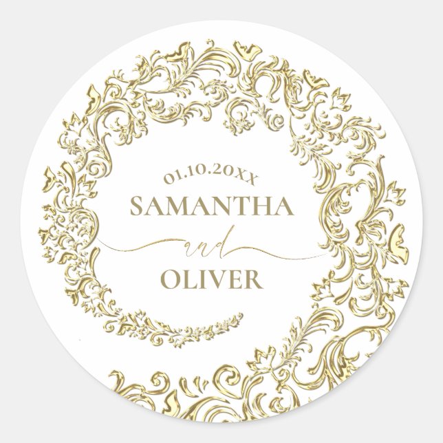 Gold Damask Wedding Classic Round Sticker (Front)