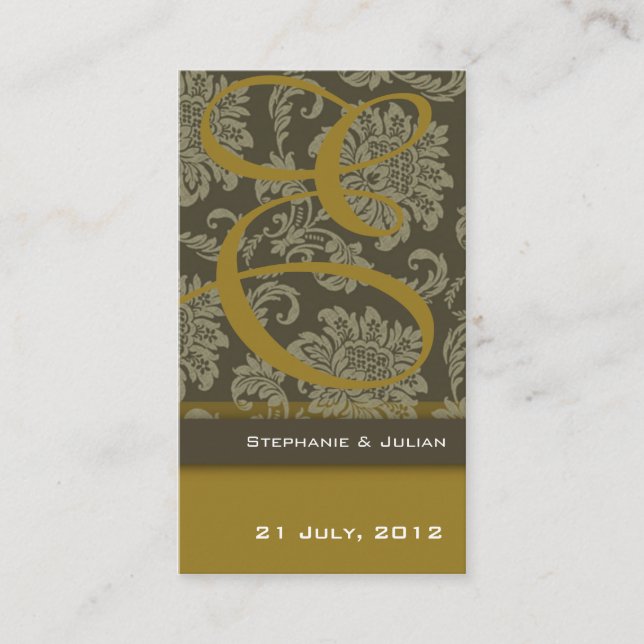 Gold Damask Wedding Website Business Card (Front)