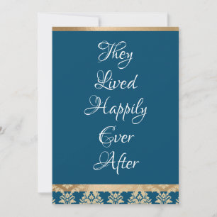 Gold Damask White Script Blue Happily Ever Wedding Thank You Card