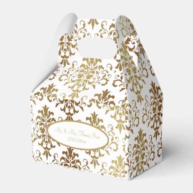 Gold Damask White Script Wedding Elegant Favour Box (Front Side)
