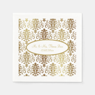 Gold Damask White Script Wedding Elegant Napkin