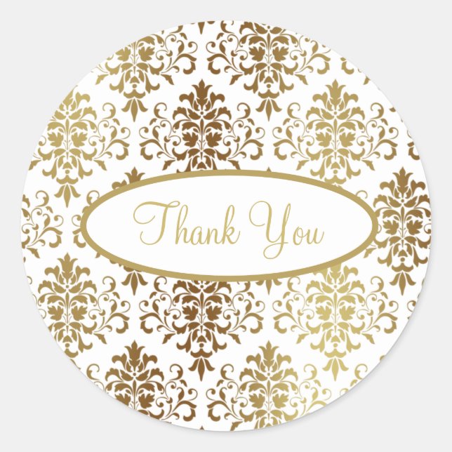 Gold Damask White Script Wedding Elegant Thank You Classic Round Sticker (Front)