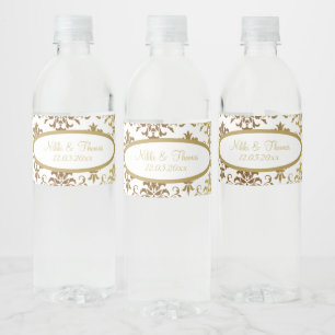 Gold Damask White Script Wedding Elegant Water Bottle Label