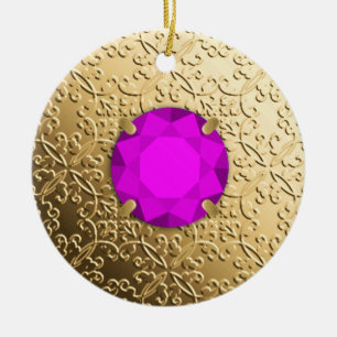Gold Damask with a faux amethyst gemstone Ceramic Tree Decoration