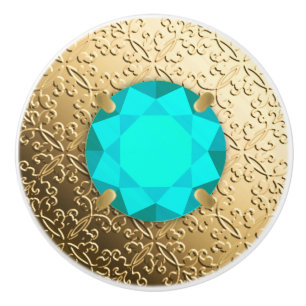 Gold Damask with a faux aquamarine gemstone Ceramic Knob