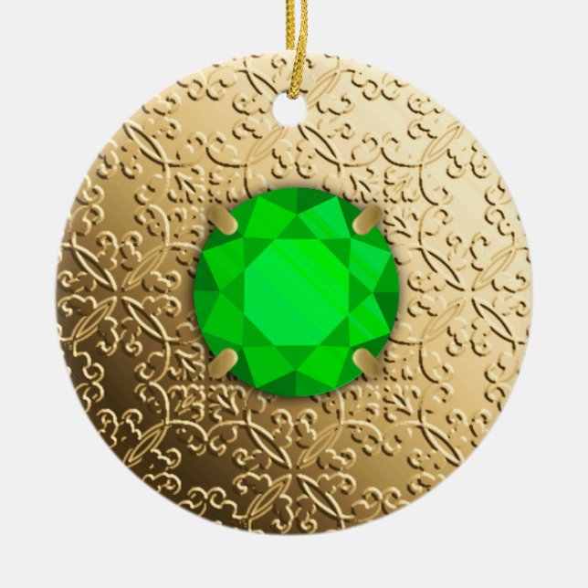 Gold Damask with a faux emerald gemstone Ceramic Tree Decoration (Front)