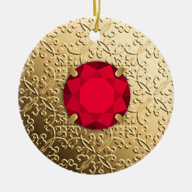 Gold Damask with a faux garnet gemstone Ceramic Tree Decoration (Front)