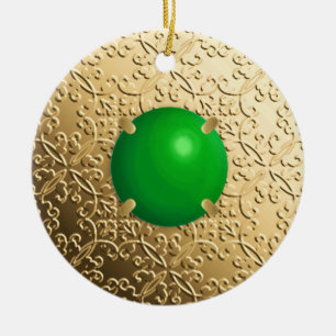 Gold Damask with a faux jade gemstone Ceramic Tree Decoration
