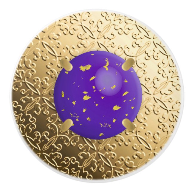 Gold Damask with a faux lapis lazuli gemstone Ceramic Knob (Front)
