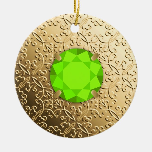 Gold Damask with a faux peridot gemstone Ceramic Tree Decoration (Front)