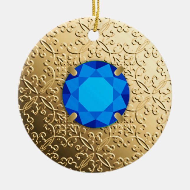 Gold Damask with a faux sapphire gemstone Ceramic Tree Decoration (Front)