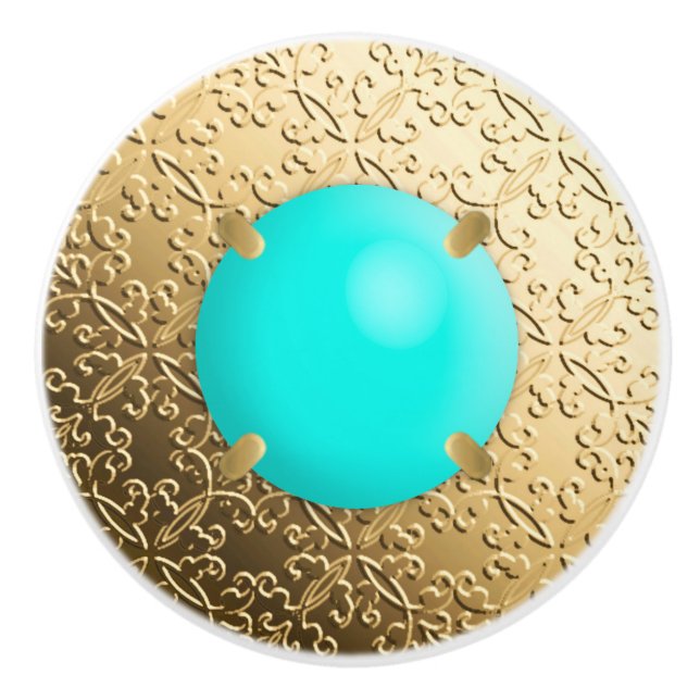 Gold Damask with a faux turquoise gemstone Ceramic Knob (Front)