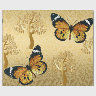 Gold Damask with Gold Trees and Butterflies Wrapping Paper