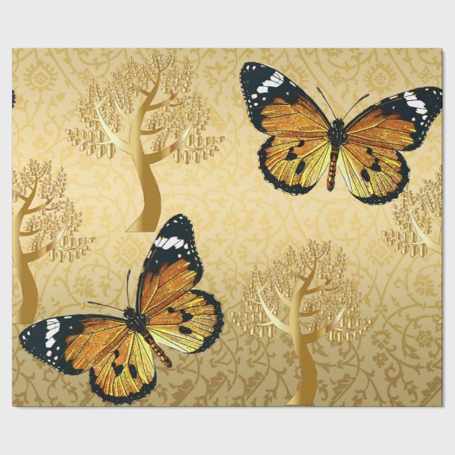 Gold Damask with Gold Trees and Butterflies Wrapping Paper (Seam)