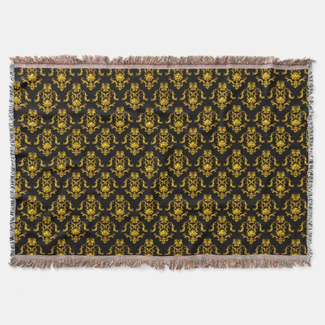 Gold Damasks On Black Throw Blanket (Front)