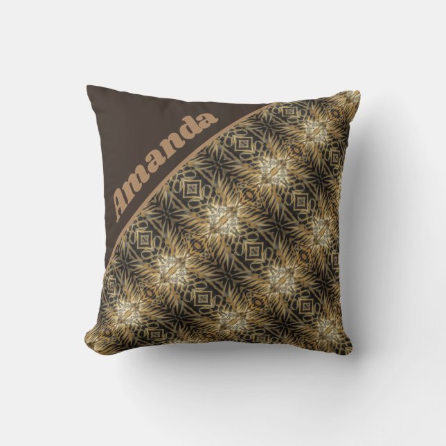 Gold Dark Brown Abstract Diagonal Stripes Pattern Cushion (Front)