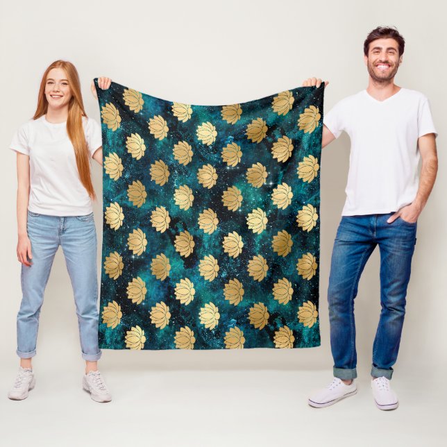 Gold & Dark Green Galaxy Dharma Mandala Pattern Fleece Blanket (In Situ)