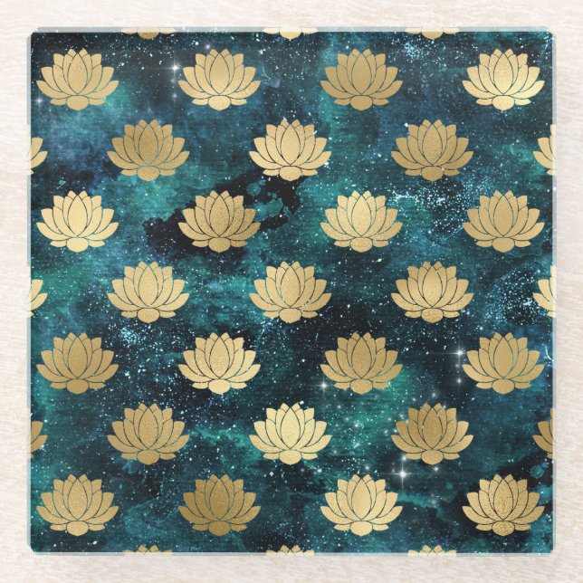 Gold & Dark Green Galaxy Dharma Mandala Pattern Glass Coaster (Front)