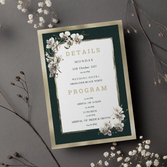 Gold dark green white elegant orchid Details Invitation (Gold dark green white elegant orchid Details)