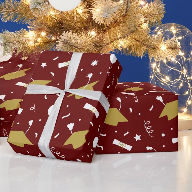 Gold Dark Red Graduation Cap Toss Wrapping Paper (Holidays)