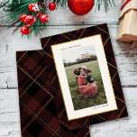 Gold & Dark Red Tartan Merry Christmas Photo Holiday Card<br><div class="desc">Capture the warmth of the season with our exquisite Christmas photo card. Embracing the timeless elegance of dark red tartan adorned with delicate gold accents, this card presents your cherished family photo on a soothing beige backdrop. Radiating togetherness, our minimalist 'Merry Christmas' wishes, coupled with your family name, offer a...</div>