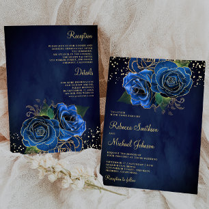 Gold Dark Royal Blue Floral All in One Wedding Invitation
