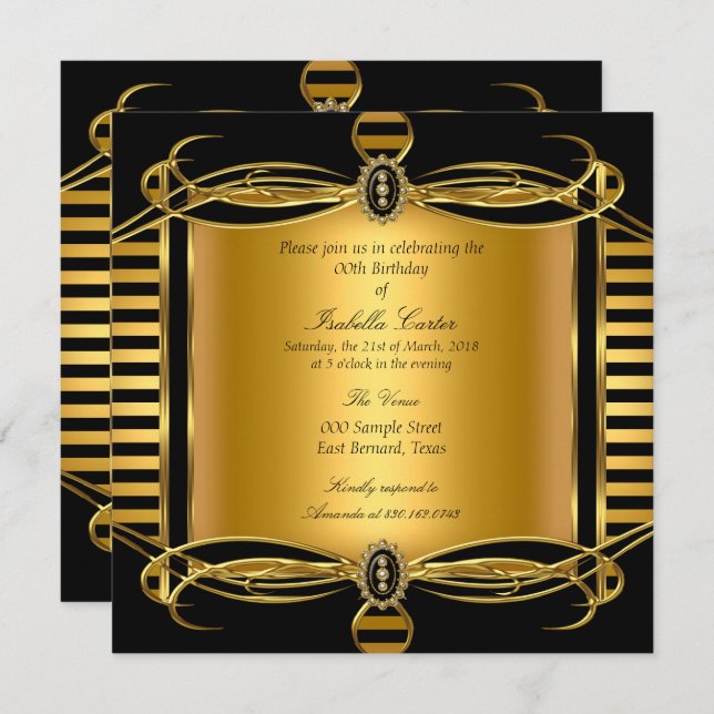 Gold Deco Black Stripe Pearl Birthday Party Invitation (Front/Back)